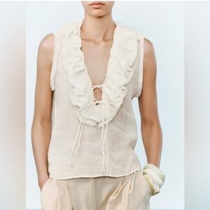 Zara Cream Ruffled Blouse, Tie Front Sheer